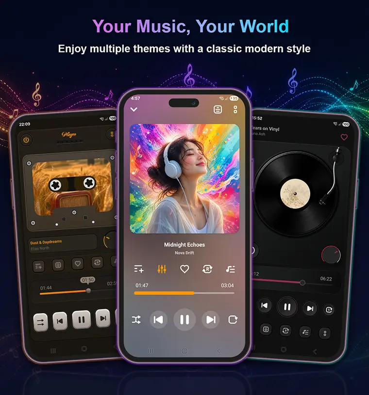 Music Player themes and playback controls screenshot